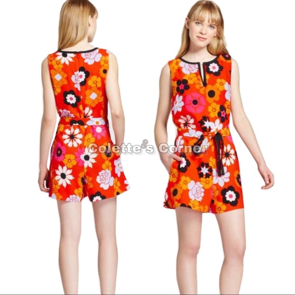 Victoria Beckham Retro Orange Tropical Floral Print Tie-Waist Romper - Picture 12 of 12